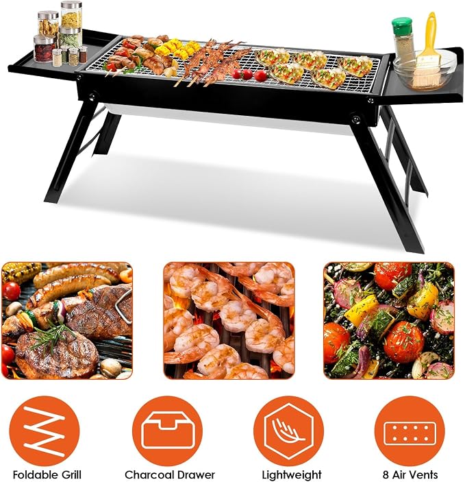 Foldable BBQ Grill, Small Charcoal Grill with Side Shelf Stainless Steel Net, Portable Tabletop Barbecue Grill for Camping Picnic Outdoor Party Garden (22 x 9 x12in)