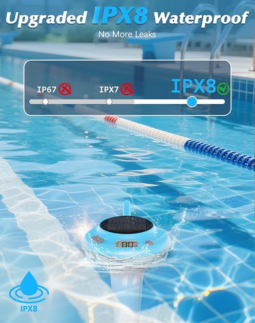 Solar Pool Thermometer Floating Easy Read, IPX8 Waterproof Digital Thermometer Wireless, Water Temperature Monitor for Swimming Pool, Hot Tub, Cold Plunge, Pond, Lake