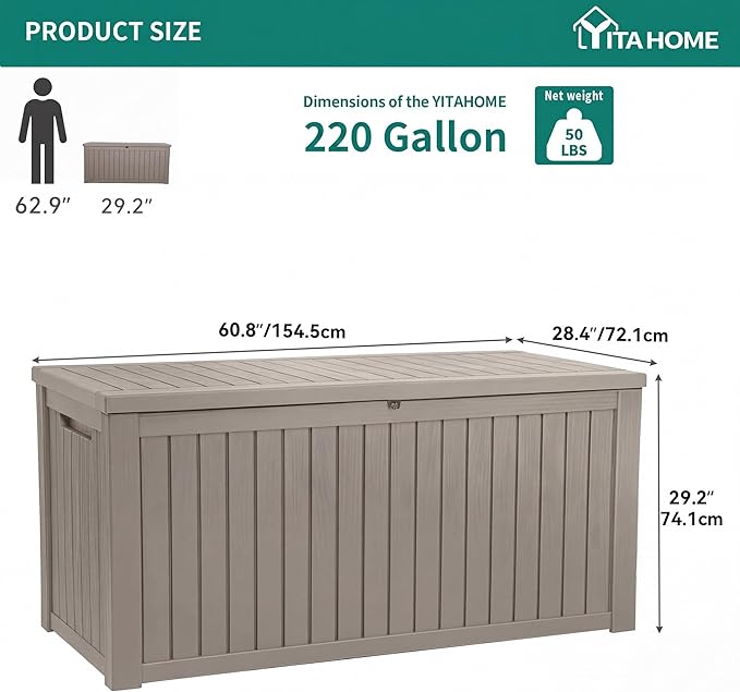 YITAHOME 220 Gallon Large Outdoor Storage XL Deck Box w/Divider for Patio Furniture,Outdoor Cushions, Garden Tools, Sports Equipment and Pool Supplies, Waterproof, Resin, Lockable, Taupe
