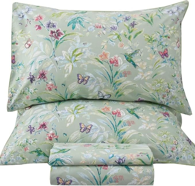 QSH 100% Cotton Sheets for Split King Size Bed, Pattern Botanical Luxury Cotton Printed Floral Bedding Sheets Soft and Breathable 5pcs Deep Pocket Queen Sheet Set