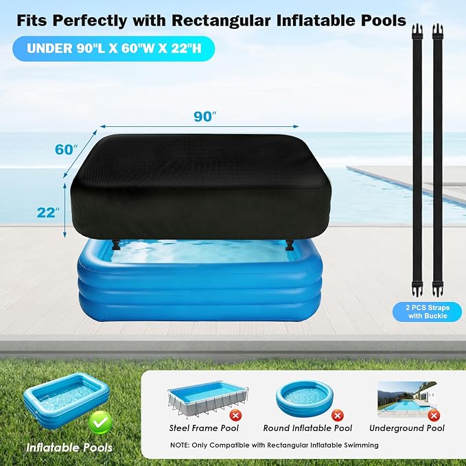 Rectangle Inflatable Pool Cover, Fits 90" L x 60" W Blow Up Pool Cover with Elastic Edge and 2 Buckle Straps, Thickened Waterproof Oxford Inflatable Pool Cover for Above Ground Pool