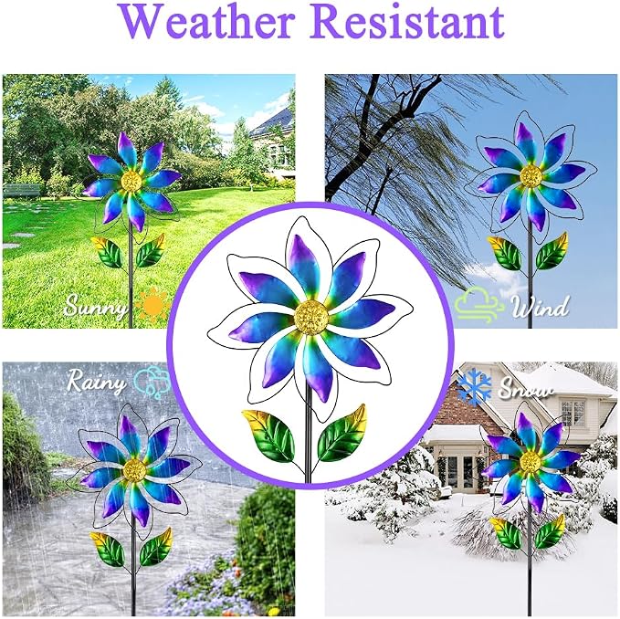 14'' Wind Spinners Outdoor, Flower Kinetic Wind Sculpture & Spinners, Metal Wind Spinners for Yard Garden Patio Decor (Purple)