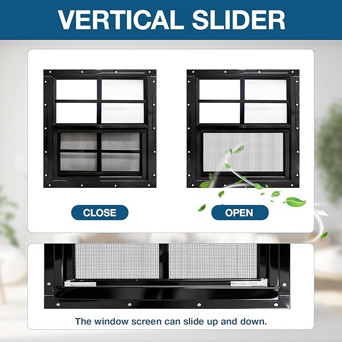 Yuzzy Shed Windows 2 Pack, Chicken Coop Windows 24" x 24" with Tempered Glass and Fiberglass Screen, Flush Mounted Small Window for Shed, Barns, Playhouse, Household, Garage (Black)