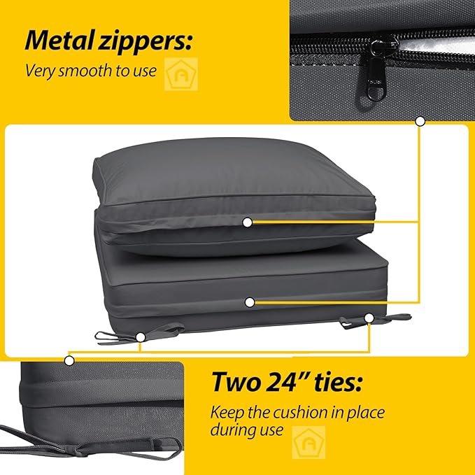 AAAAAcessories Outdoor Deep Seat Cushions with Double Welted Pillow, Waterproof, Fade-Resistant Patio Furniture Replacement Cushions, 23.5" x 25.5" x 5" + 23.5" x 19", Dark Gray
