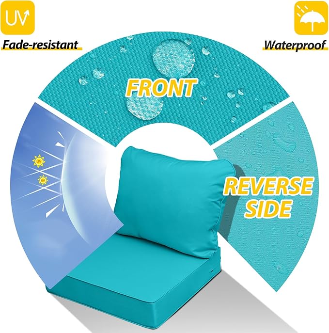 AAAAAcessories Outdoor Seat Cushions for Chairs, Fade-Resistant, Waterproof Patio Furniture Replacement Cushions, 24" x 24" x 5" + 24" x 19", Turquoise Blue