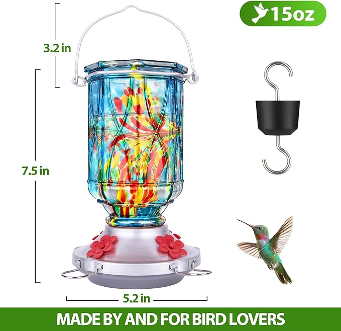 Hummingbird Feeders for Outdoors with Ant Moat, Hand Blown Glass Hummingbird Feeder, 4 Feeding Ports with Perch, Outdoor Garden Décor, 15 OZ, Blue, Gifts for Mom Wife Dad Men Women
