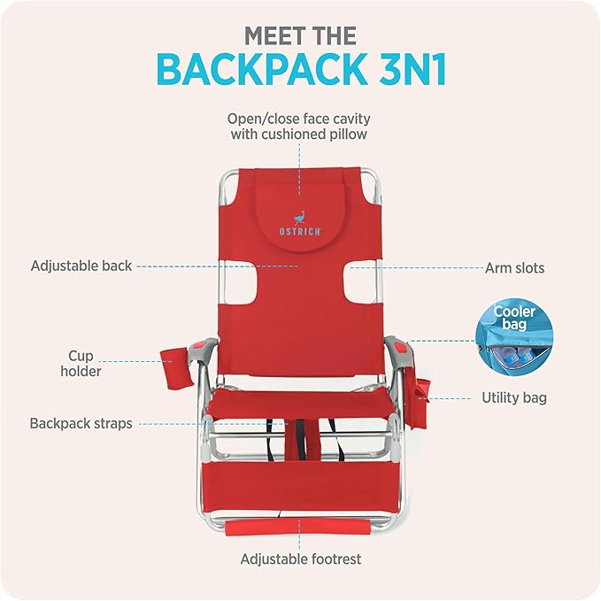 Ostrich the Backpack 3N1 Portable Chair with Cooler Bag and Reclining Lounger for Tanning, Camping, Beach, and Outdoor Essential, Red