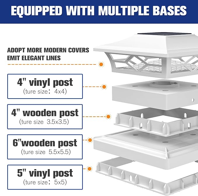 VOLISUN Solar Post Cap Lights: 4 - Pack Outdoor Deck Post Cap Lights White for Dock Fence Waterproof 2 Color Modes,4x4/6x6 Wooden/Vinyl Posts