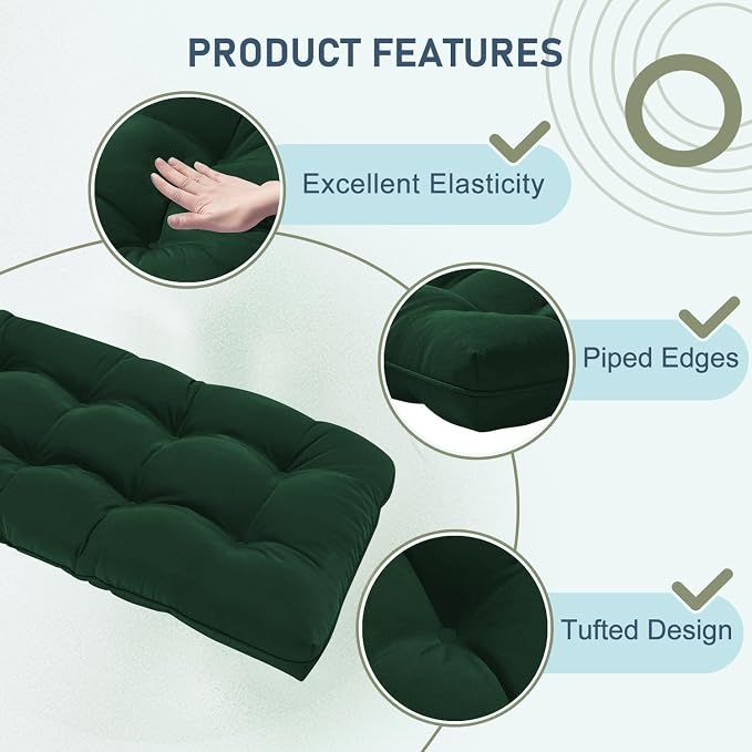 downluxe Outdoor Bench Cushion for Patio Furniture, Water Resistant Tufted Overstuffed Porch Swing Cushions, Thick Outdoor Loveseat Cushions, 44" X 19" X 5", Forest Green, Set of 1