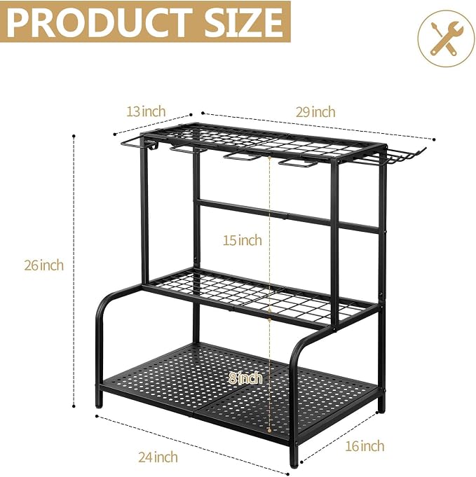 Garden Tool Storage Rack, 3 Tier Heavy-Duty Steel Garden Tool Organizer Stand Up To 70 Long Handled Shovels/Rakes/Brooms, 24×16×26inch Garage Tool Shelf for Shed, Yard, Garage