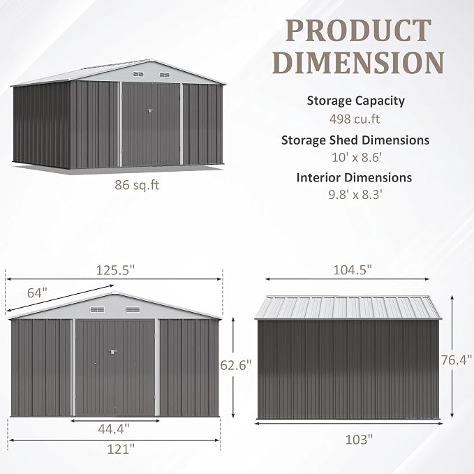Greesum 10×8FT Outdoor Storage Shed, Metal Patio Storaged Sheds with Lockable Doors, Sheds & Outdoor Storage for Patio, Backyard, Pool and Garden, Gray