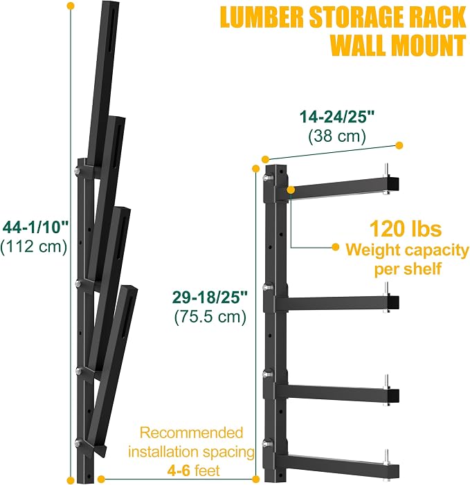 Lumber Storage Rack Wall Mount, Folding Wood Storage Racks Heavy Duty for Garage Metal Lumber Rack Indoor and Outdoor with 4-Level, 4 Pack, Black