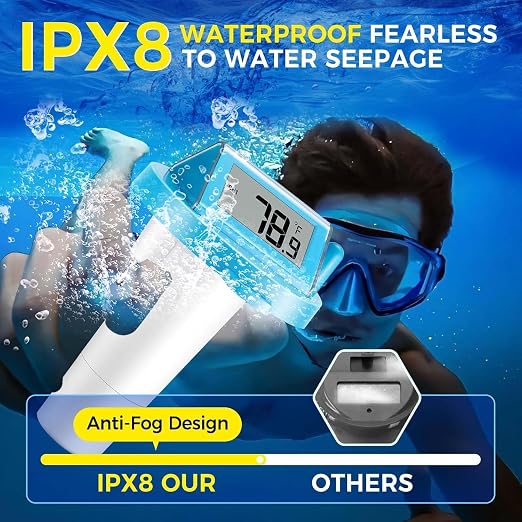 Solar Wireless Floating Pool Thermometer - Upgraded IPX8 Waterproof Easy Read Digital Thermometer with Time, Indoor Temperature & Humidity Monitor for Swimming Pools, Spas, Hot Tubs