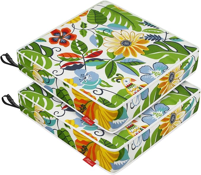 Patio Chair Cushions 19x19 Inch, Water Repellent Outdoor Seat Cushions with Adjustable Straps, Fade Resistant Replacement Cushions for Garden Deck Sofa Couch, Set of 2, Flower Bird