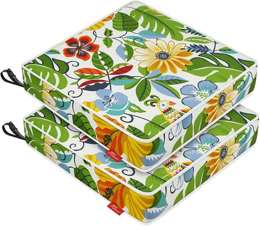 Patio Chair Cushions 18.5x16 Inch, Water Repellent Outdoor Seat Cushions with Adjustable Straps, Fade Resistant Replacement Cushions for Garden Deck Sofa Couch, Set of 2, Flower Bird