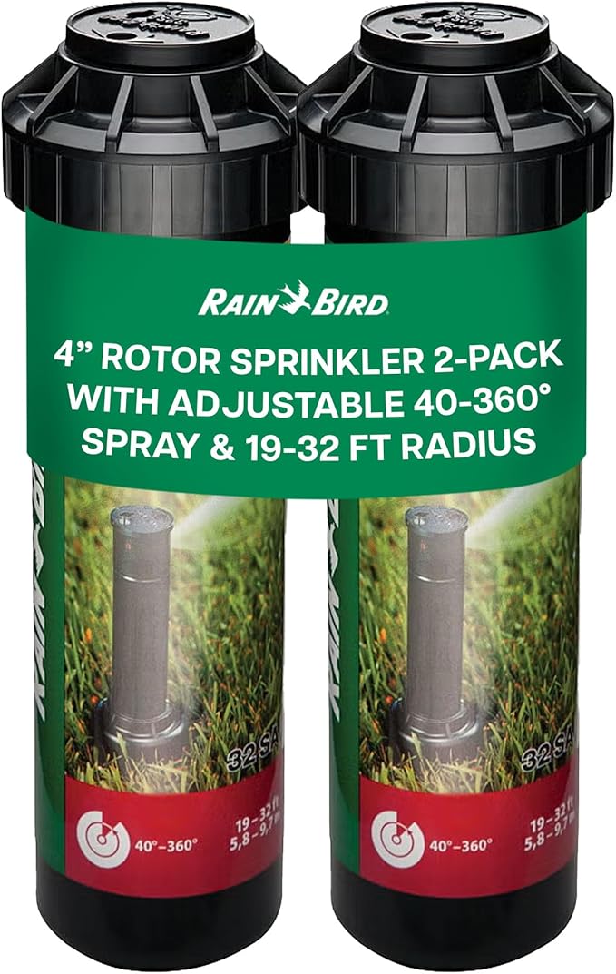 Rain Bird 32SA Simple Adjust Gear Driven Rotor Sprinkler Head, 2 Pack - with 1/2 inch Inlet - Water Efficient 4 inch Pop Up Lawn Sprinkler, Adjustable 40-360 Degree Spray Arc and 19-32 ft Radius