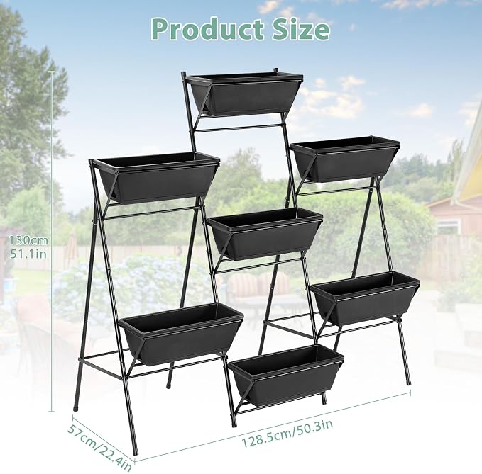 Sunexinlo 5-Tier Vertical Garden Planter with 7 Plant Boxes & Drainage Trays, Metal Freestanding Raised Bed for Herbs Flowers Vegetables, Indoor Outdoor for Patio Balcony Deck, Black