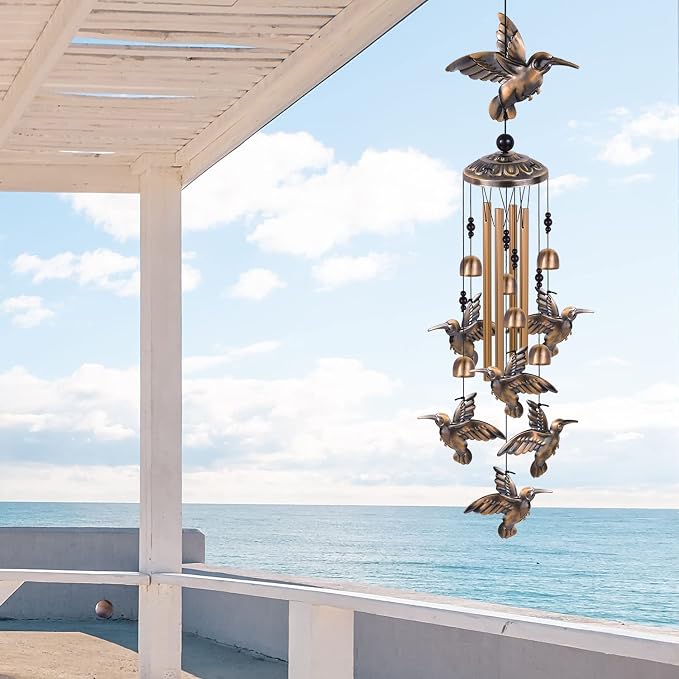 Hummingbird Wind Chimes for Garden, Gifts for Mom, Home, Balconies, Room, Patio, Indoor, Outdoor Hummingbirds Decoration, Hummingbird Wind Catcher, Bronze Memorial Wind Bell, Bird Wind Chimes Decor