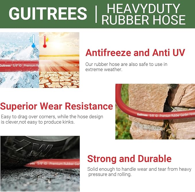 Guitrees 75FT 5/8 Heavy Duty Rubber Garden Hose - 300psi Working, 1000psi Burst - Hot/Cold Water - Five-Layered Braiding for Durability - Versatile for Gardening, Agriculture, Construction(Red)