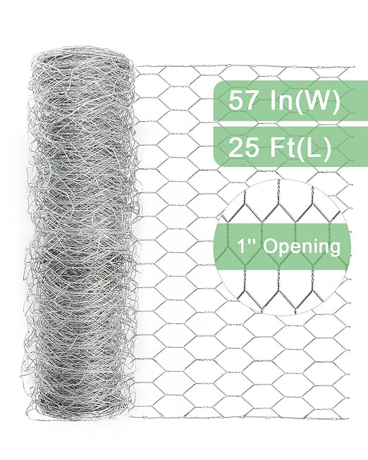 Garden Poultry Chicken Wire Netting - 57 '' × 25 ' Garden Fence Animal Barrier, Chicken Wire for Crafts, 1 inch Mesh Poultry Netting Fence, Pet/Rabbit/Chicken Wire Fencing