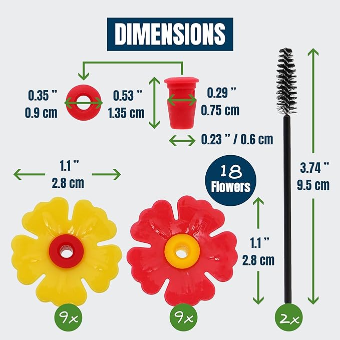 MEKKAPRO Humming Bird Feeder Replacement Flowers, 18 Flowers Replacement Set with 2 Cleaning Brushes, Hummingbird Feeder Replacement Parts (9 Red and 9 Yellow)