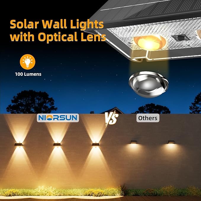 NIORSUN Solar Fence Lights Outdoor, 6 Pack Up and Down Waterproof Solar Wall Lights, Warm & Cool White + RGB, Fence Lights with Lens, Dusk to Dawn Lighting for Patio, Backyard, Pool, Railing (Black)