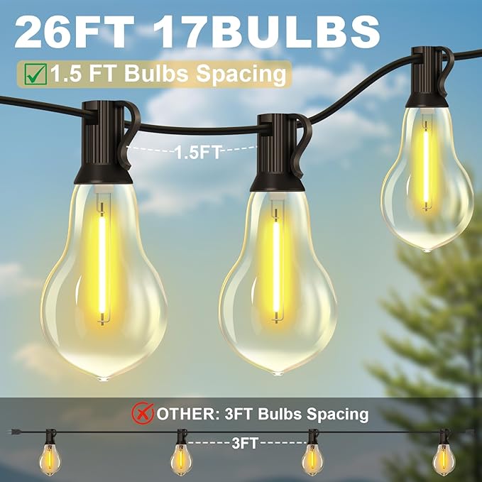 26FT Outdoor String Lights Waterproof with 17+2 Bulbs (1.5FT Bulbs Spacing), Remote & Dimmer, Commercial Patio String Lights with 3 Mode Light & Timing, 50PC Mounting Ties for Outside