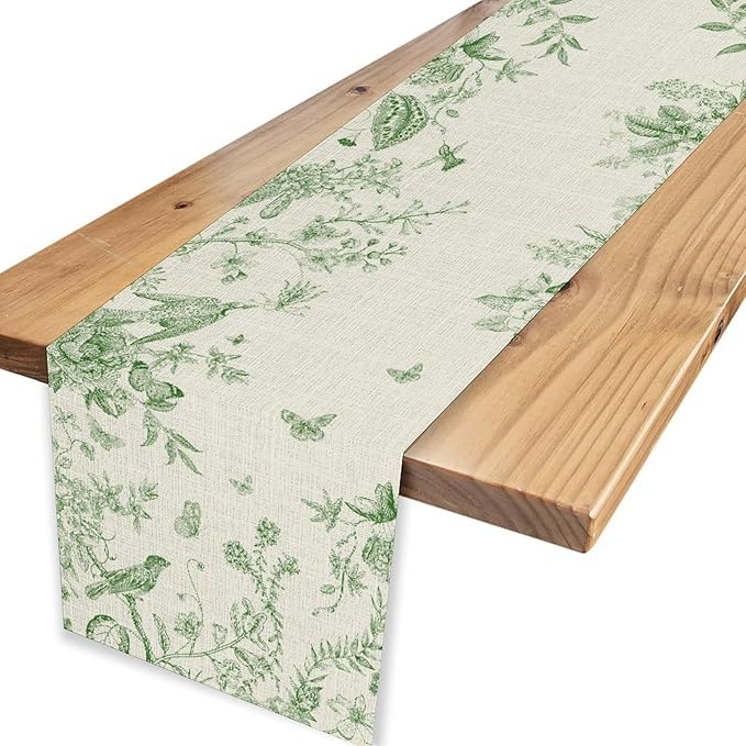 Floral Birds Table Runner, Rustic Seasonal Watercolor Spring Flower Plants Branch Geometric Green Coffee Table Center Decor for Family Kitchen and Dining Farmhouse Party Table Decorations, 13"x90"