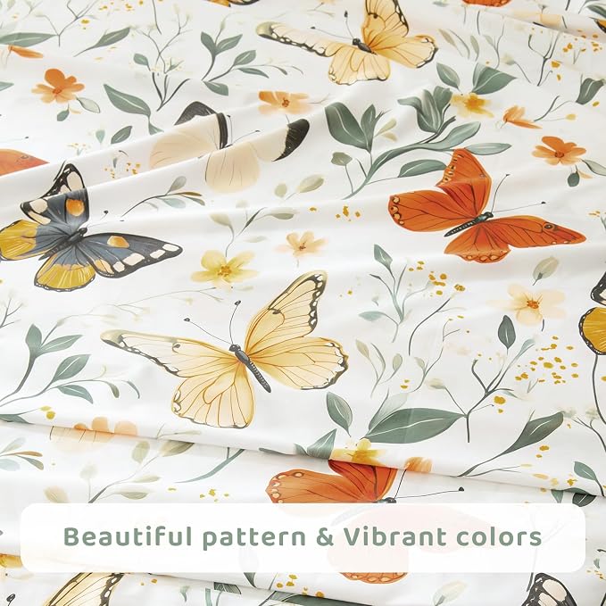 QSH Green Floral Sheets Queen Size,100% Egyptian Cotton Sheets Queen Rosemary Flowers Butterfly Botanical Pattern Printed Bedding Sheet Extra Soft and Breathable 17.5" Deep Pockets Bed Sheet 4PCs