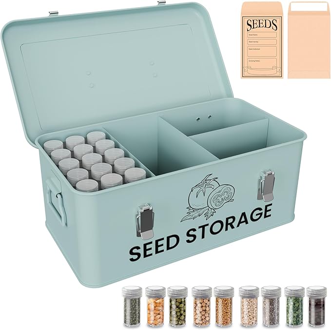 Seed Storage Organizer Box, Metal Seed Box, Garden Seed Organizer with Lid, Seed Containers Storage with 4 Compartments, 30 Seed Holder Organizers, 100pcs Seed Envelopes (Blue)