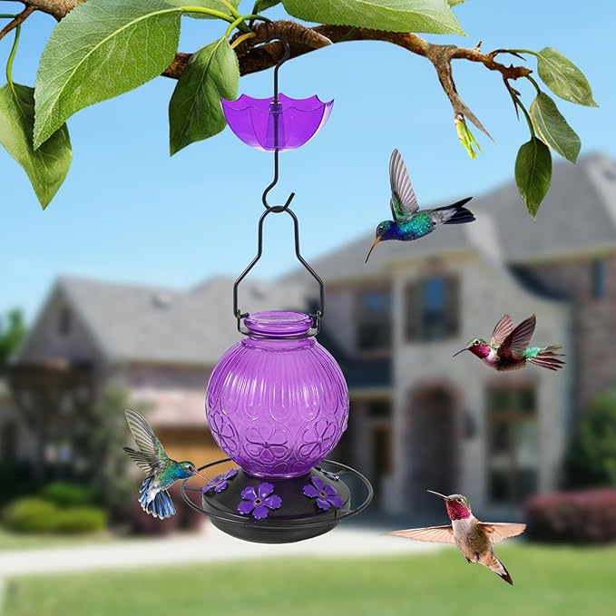 Glass Hummingbird Feeders for Outdoors Hanging, 23Oz Humming Bird Nectar Feeders with Perch, 5 Flower Feeding Ports, Leak Proof Base and Hook for Garden Decor, Gifts for Mom Women (Purple)