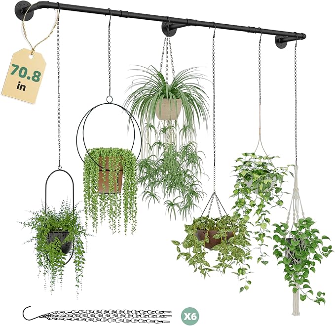 Galood Plant Hanger Indoor with 6 Hanging Chains Hanging Planters for Indoor Plants Hanging Plant Holder Window Plants Rod Black Metal Shelves(70.8 Inch Pot not Included