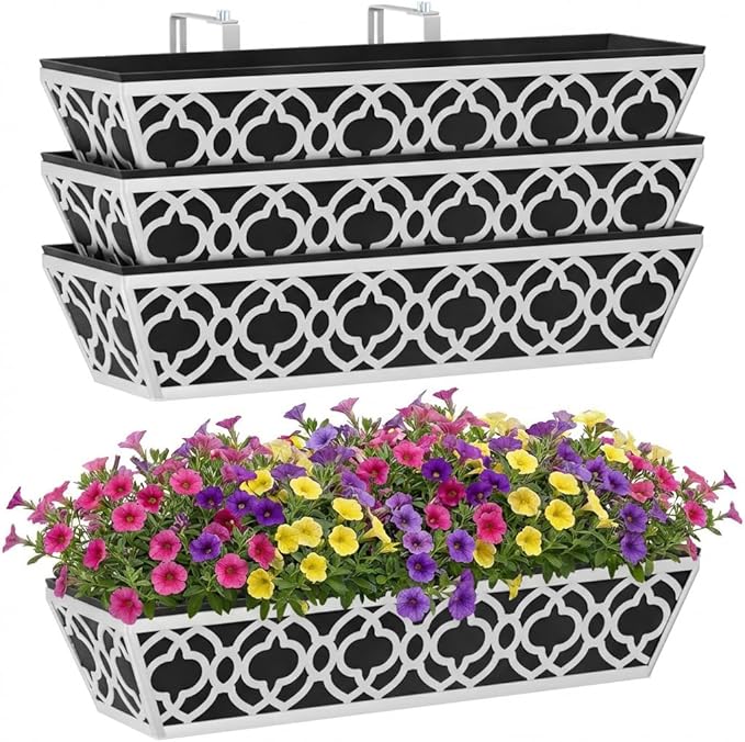 Y&M 4Pcs 24'' Railing Planter Box Set with Black Non-Woven Fabric Liner, Flower Boxes with Adjustable Brackets, Large Metal Hanging Window Boxes for Fence, Deck, Balcony, and Garden