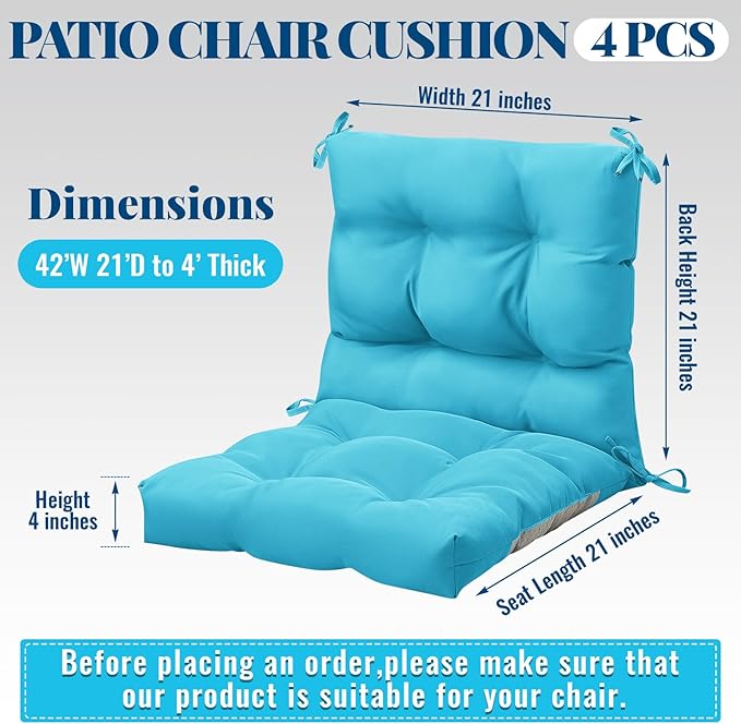 Marsui 4 Pcs Outdoor Indoor High Back Chair Cushions Patio Furniture Tufted Pillow with Ties Water-Resistant Replacement Outdoor Rocking Chair Cushions, 42 x 21 Inches (Lake Blue,Solid Color)