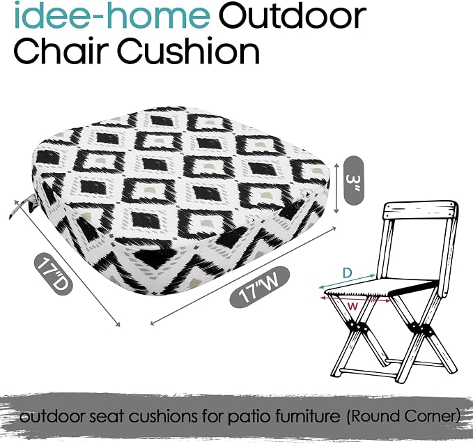 idee-home Outdoor Chair Cushions Set of 4, 17" x 17" x 3" Thick D-Shaped Patio Furniture Outdoor Seat Cushions Waterproof with Ties, Dining Pads