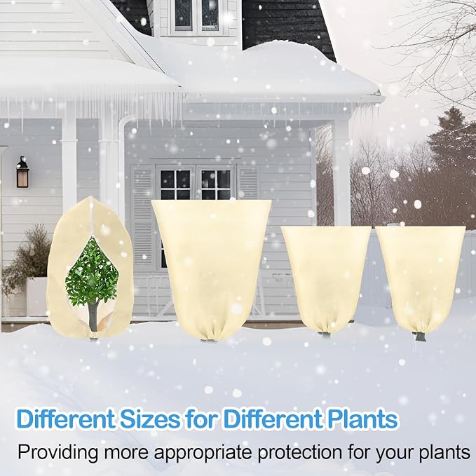 12 Pack Winter Plant Covers Freeze Protection 2 Size 47" x 32" and 24" x 32" Winter Frost Cloths Blankets with Zipper Drawstring Tree Covers for Outdoor Plants Shrubs Potted Trees(Beige)