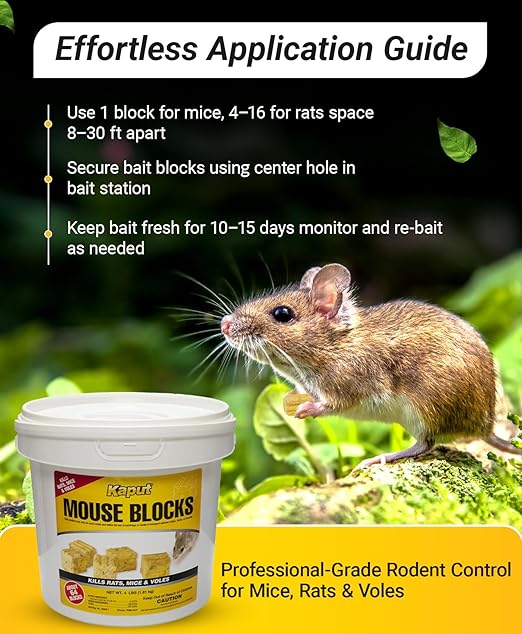 Kaput Mouse Blocks, Rodent Bait for Mice & Rats, Warfarin Vole Killer for Indoor/Perimeter Use, Kills Rodents with Consistent Feeding - Ideal for Homes, Farms & Transport Areas (4 lbs)