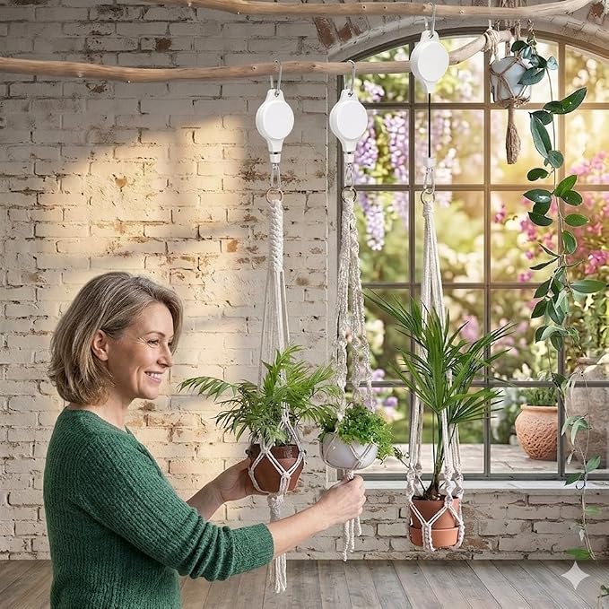 Retractable Plant Hanger with Pulley System, Effortless Raising and Lowering for Indoor and Outdoor Plants, Hanging Planters, Garden Pots & Bird Feeders (4-Pack,White)