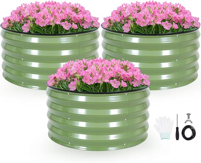 INNO STAGE 3 Pcs Round Galvanized Raised Garden Bed — 2×2×1ft Planter Box Outdoor Raised Beds Kit for Gardening Vegetables, Fruits, Herbs, and Flowers, Olive Green