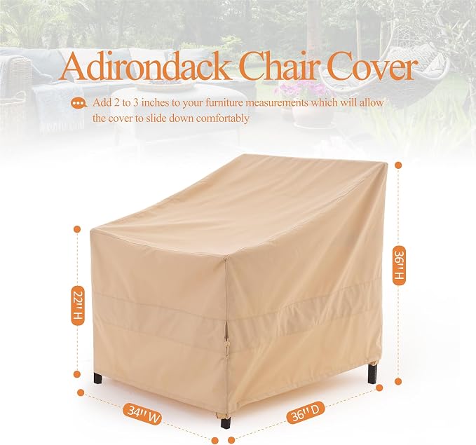 WJ-X3 Ripstop Heavy-Duty Waterproof Outdoor Chair Cover, Fits Patio, Adirondack & Tolix Chairs, Beige, 34" x 36" x 36", 1 Pack