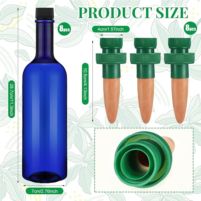 SiliFine 8 Set Plant Watering Devices Include Self Watering Spikes and 26 oz Plastic Bottles Plant Waterer Devices with Adjustable Control Valve Switch Indoor Outdoor (Blue)