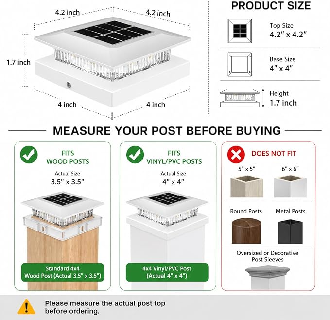 12 Pack Solar Post Cap Lights 4x4, Dual-Color Waterproof Fence Post Solar Lights, Fits 4x4 Vinyl or 3.5x3.5 Wood Posts, Dusk to Dawn Outdoor Lighting for Deck, Garden & Porch Decor, White