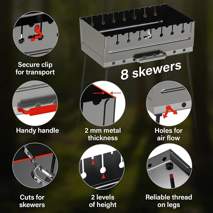 Stainless Steel Charcoal Grill for 8 Skewers – Portable BBQ 16.93"×9.45"×16.93" – Foldable Kabob Mangal – Rustproof Shish Kebab Grill for Outdoor Cooking, (Skewers Not Included)