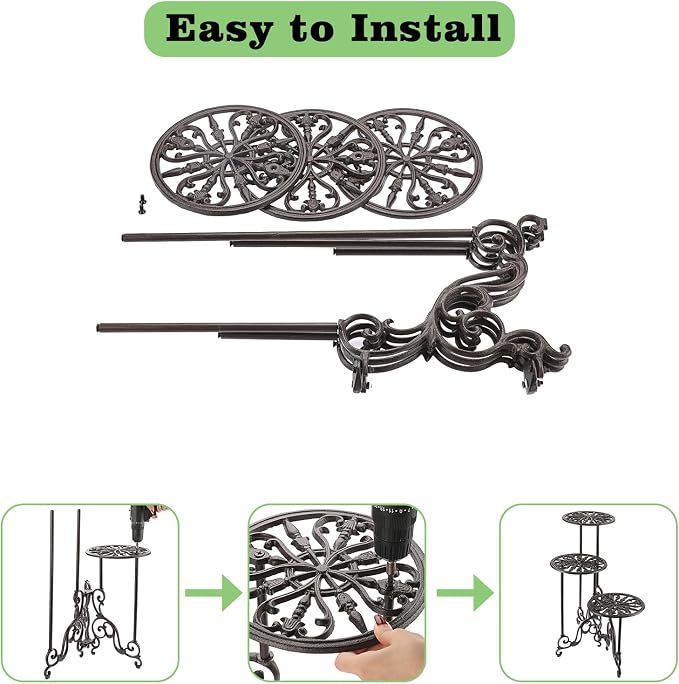 OwnMy 3 Tier Heavy Duty Cast Iron Plant Stand Foldable Wrought Iron Flower Pot Holder, Indoor Outdoor Tall Plant Stand Shelf for Garden Patio, Decorative Round Metal Plant Display Rack, Retro Brown