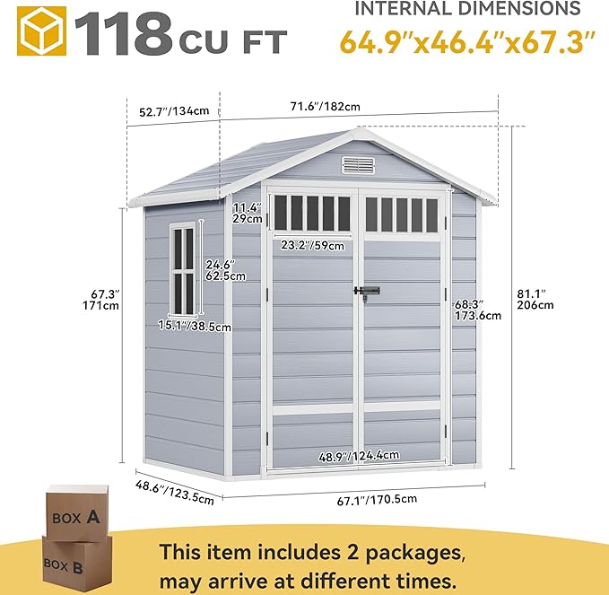 DWVO 6x4.4 FT Resin Storage Shed with Fence-Style and Side Windows, Lockable Door, and Vents for Garden, Backyard, Patio, Lawn, Gray