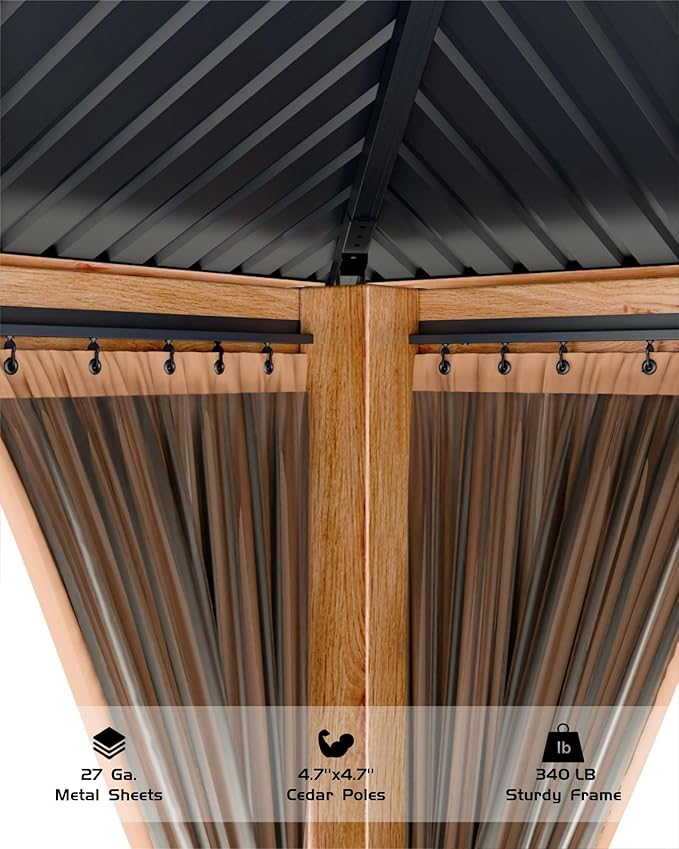10x12 ft Hardtop Wood Gazebo for All Weather, Double Metal Roof, Heavy Duty Cedar Frame, Curtains & Netting, Permanent Outdoor Pavilion for Patio, Deck, Backyard, Lawn, Garden, Khaki