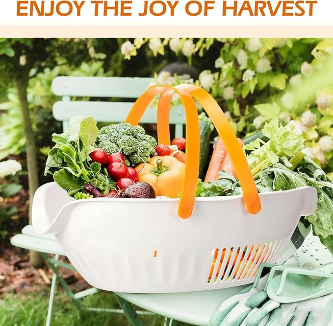 Nuogo 3 Pcs Garden Harvest Basket, Removable Partitions with Tool Caddy for Collecting, Carrying, and Cleaning Harvesting Basket Doubles Colander for Vegetables and Fruits Garden Accessories(White)