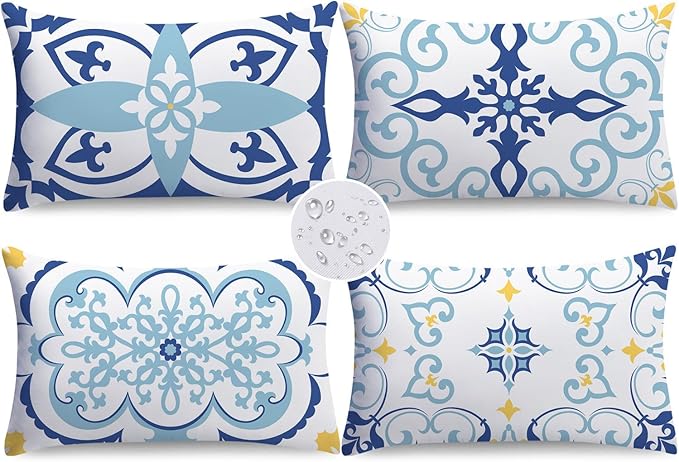 NIGHTWISH Outdoor Waterproof Pillow Covers 12x20 Set of 4 Blue Boho Decorative Outdoor Throw Pillows Floral Cushion Cases for Patio Furniture Bench Couch Sunbrella