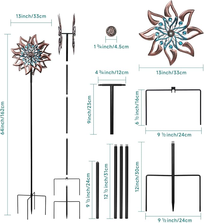 Dahlia Wind Spinner Metal Kinetic Garden Yard Windmill Outdoor Decor | Hand-Crafted Art, Copper & teal dahlia metal spinner, Whisper-quiet dual rotation, Stable ground stake