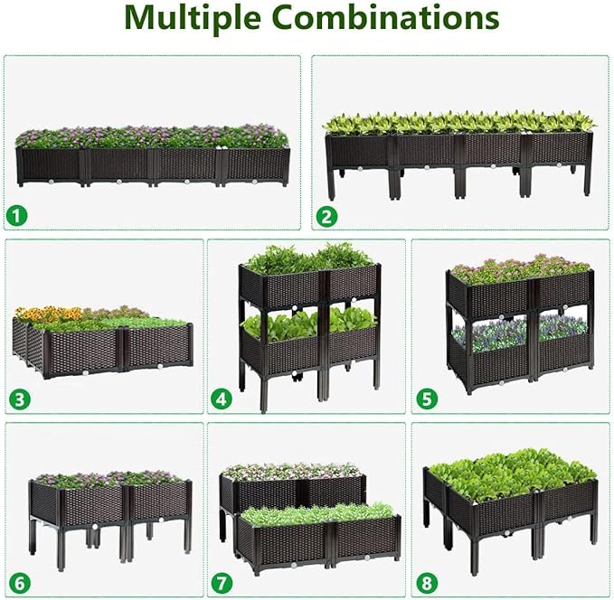 LDAILY LUARANE Raised Garden Bed Kit, Outdoor Plastic Planter Box Set of 4, Elevated Garden Beds with Brackets, Suitable for Garden Patio Balcony Dining Room